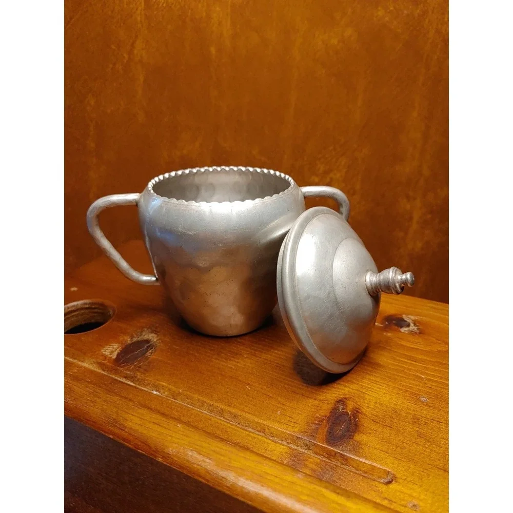 Vintage Mid Century Hammered Aluminum Sugar Bowl & Lid with Knob Handle Unique